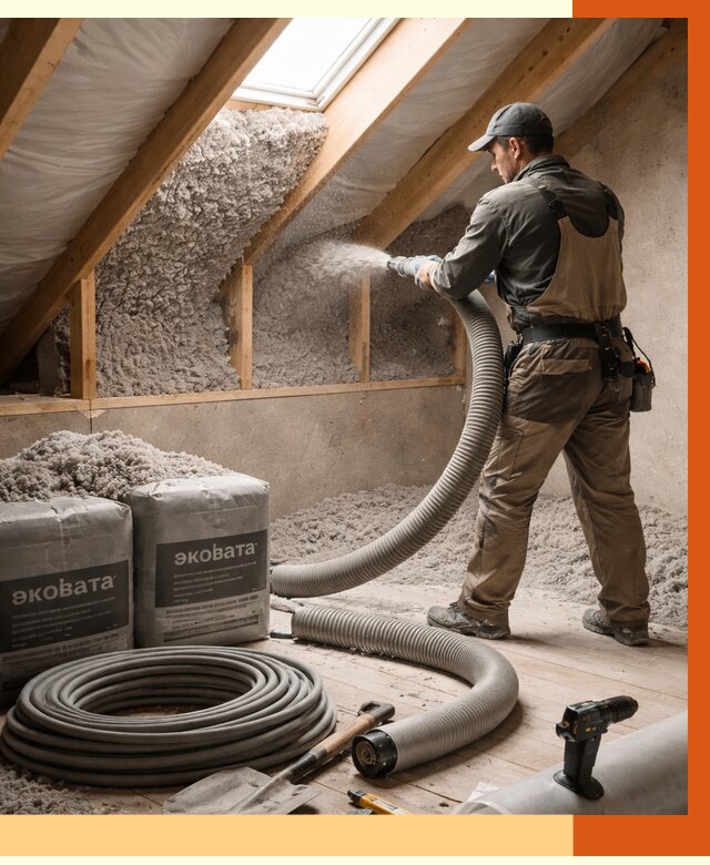 Утепление мансарды эковатой в Ачинске от 2229 руб/м2 — монтаж, задувка, цена | ТепломастерЧнс
