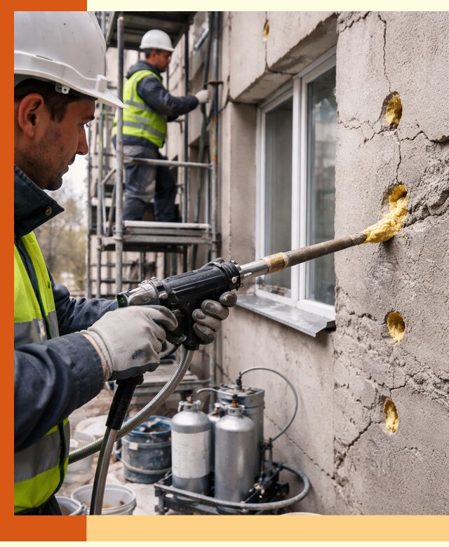 Заполнение пустот в фасаде и утепление стен в Ачинске